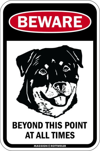 画像1: [MAGSIGN] この先いつもロットワイラーに注意/配慮/警戒 BEYOND THIS POINT AT ALL TIME マグネット＆ステッカー ROTTWEILER ローマ字ロゴ入り 車/屋外用 日本製 (1)