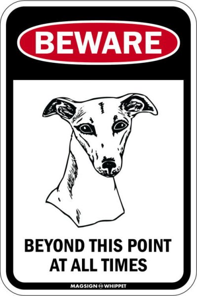 画像1: [MAGSIGN] この先いつもウィペットに注意/配慮/警戒 BEYOND THIS POINT AT ALL TIME マグネット＆ステッカー WHIPPET ローマ字ロゴ入り 車/屋外用 日本製 (1)